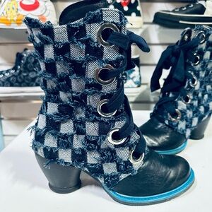 John FLUEVOG EAST END GLADSTONE MID-CALF LACE-UP Denim Checkered Heeled Boots